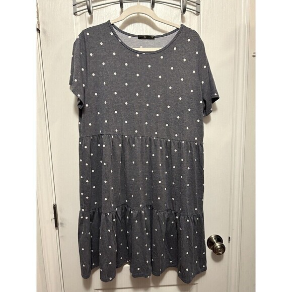 Raglan Dress Blue with white polka dot Women’s size XL Swing Comfy Tiered - Picture 1 of 14